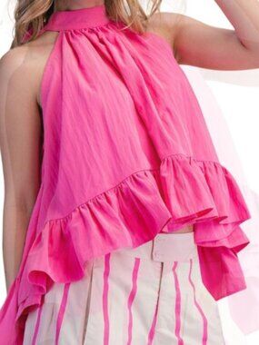 Halter Neck Sleeveless Back Neck Tie Ruffle Top